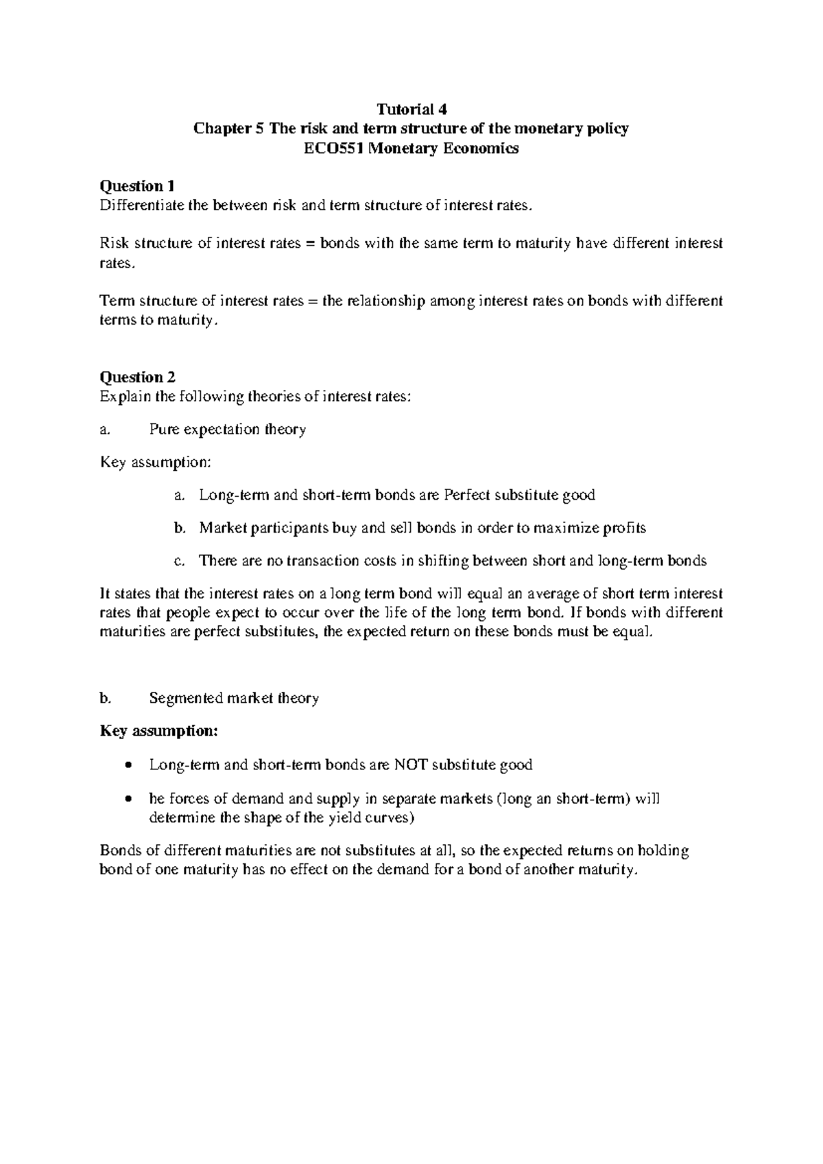 ECO531 Monetary Theory and Policy: Tutorial 3 Question and Answer ...