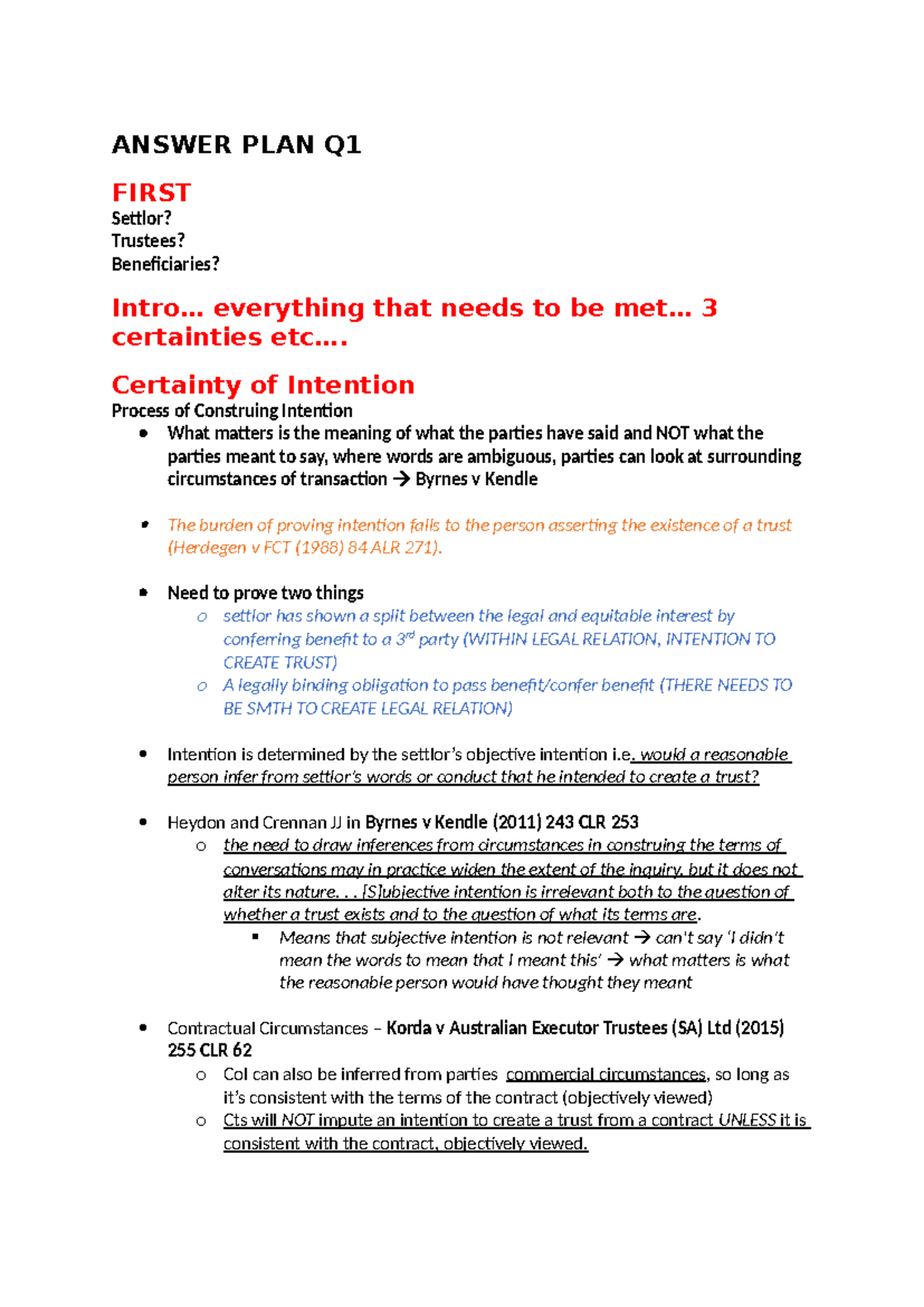 Answer PLAN - Question 1 (Lec 1-5) - ANSWER PLAN Q FIRST Settlor ...