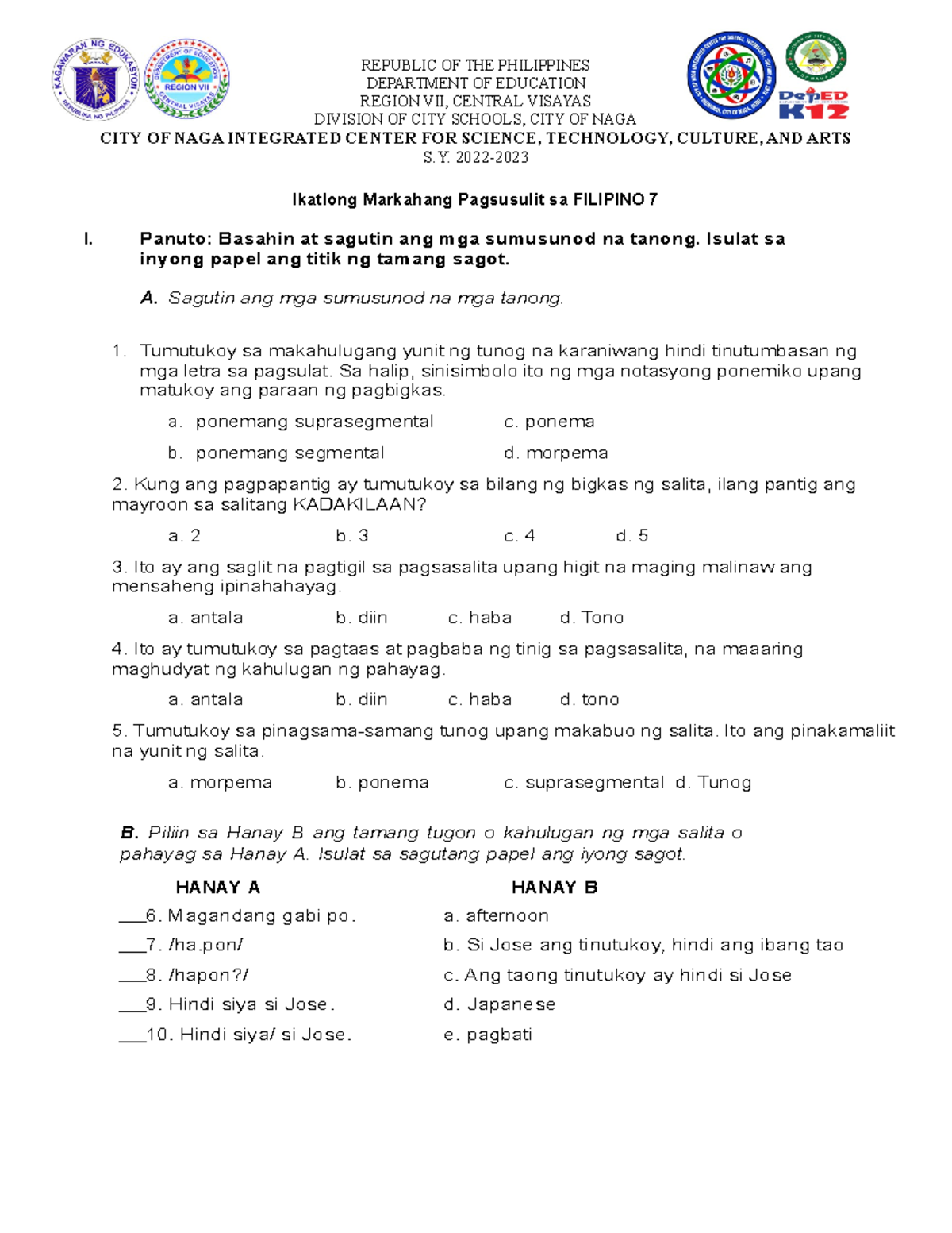 3rd-Q TQ Filipino-7 - Sample 3rd Quarter Periodical Test - Studocu