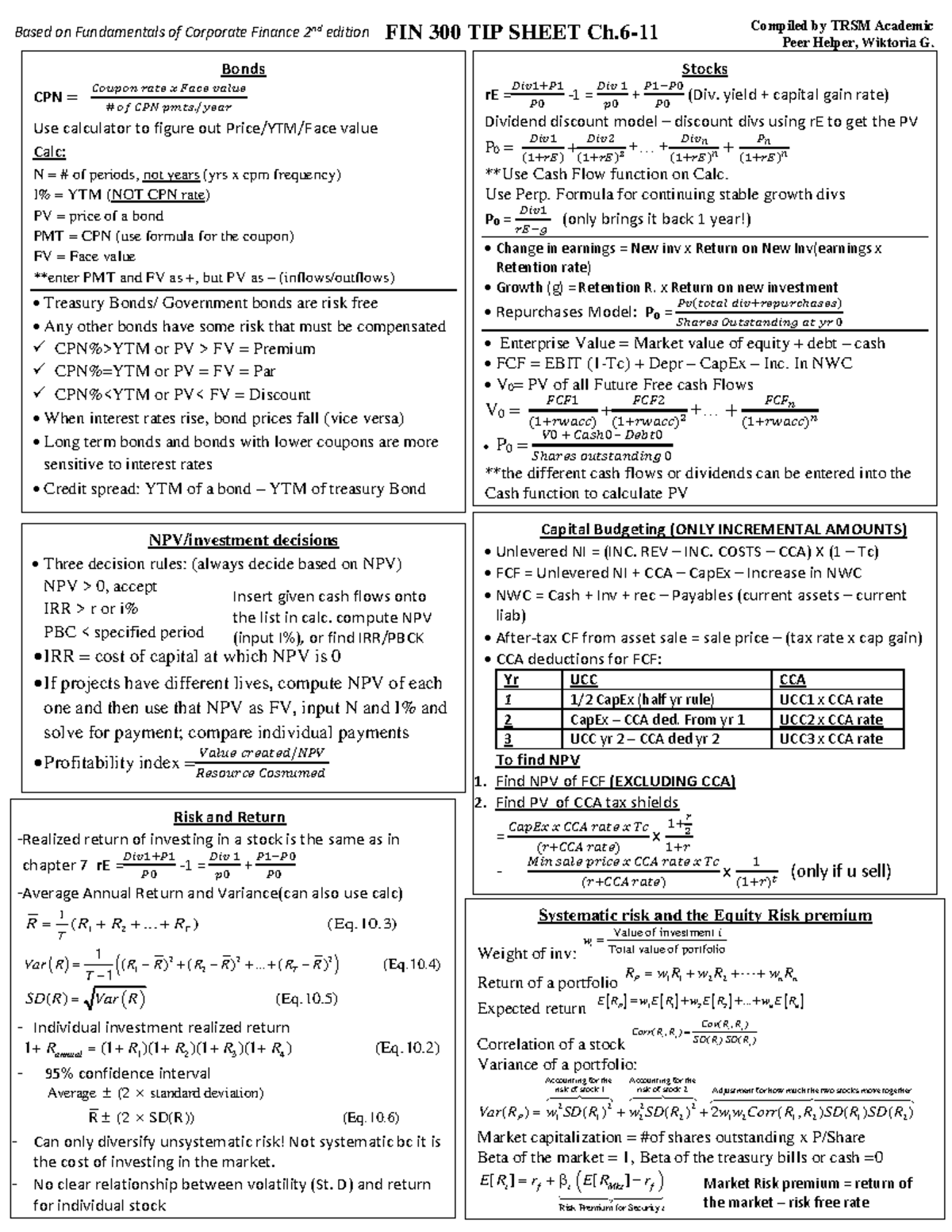 FINE3100 Final exam cheat sheet on corporate finance concepts - Studocu