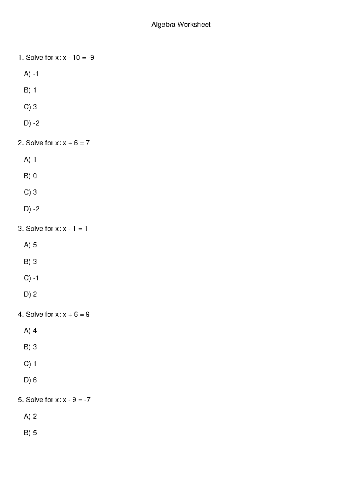 Algebra Worksheet 1: Solving for x Problems - Studocu