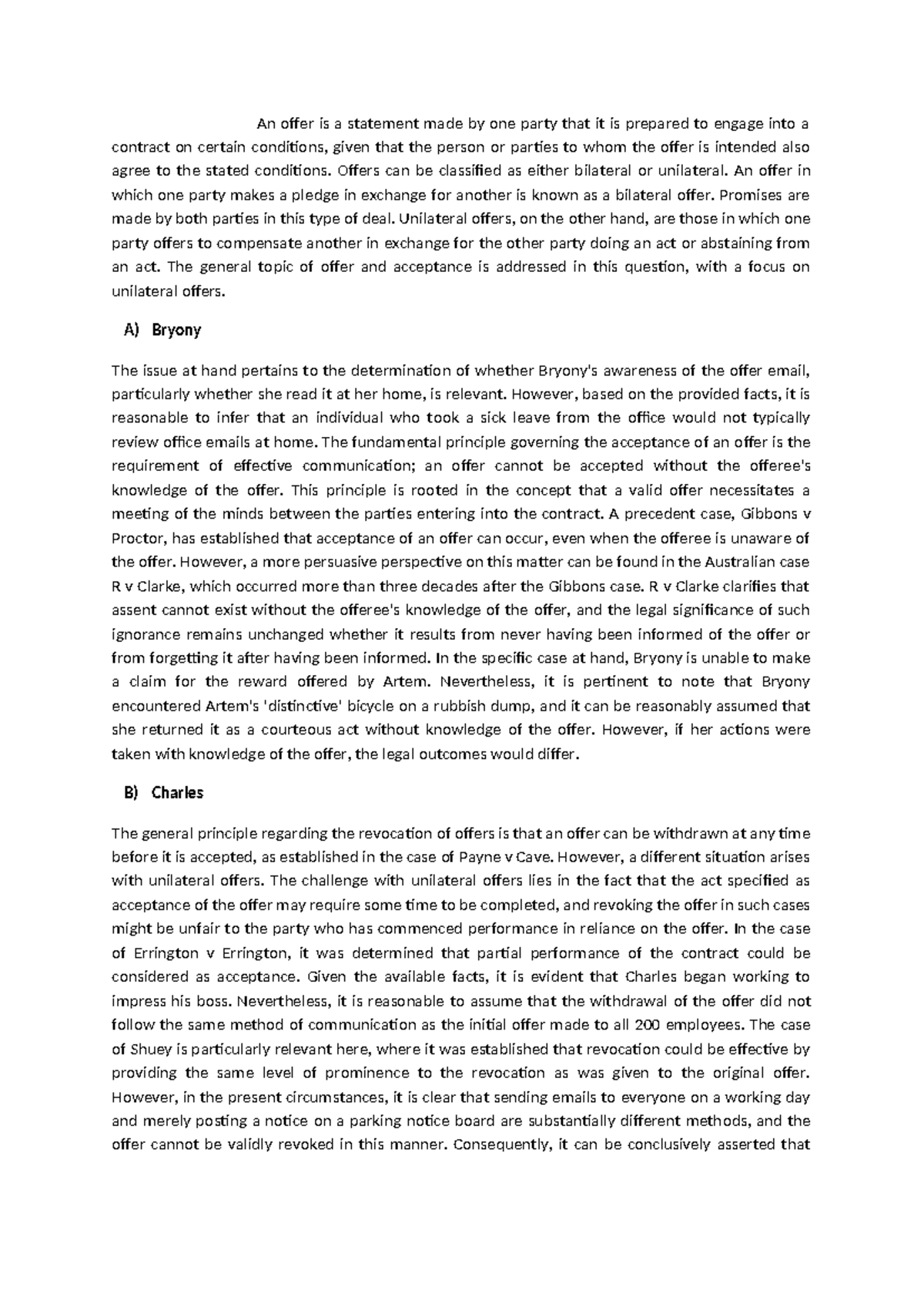 Contract Law Assignment: Offer and Acceptance Analysis - Studocu