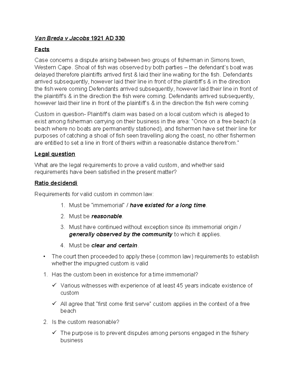 Van Breda v Jacobs 1921 AD 330: Customary Fishing Dispute Analysis ...