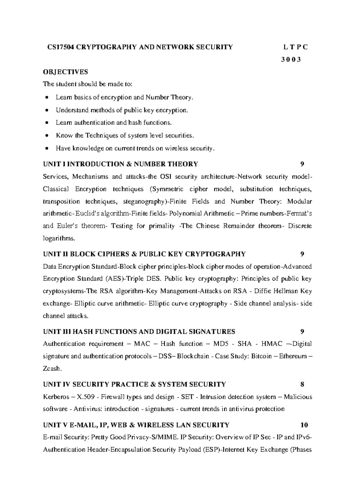 Syllabus-CNS - Study Materials - CS17504 CRYPTOGRAPHY AND NETWORK ...