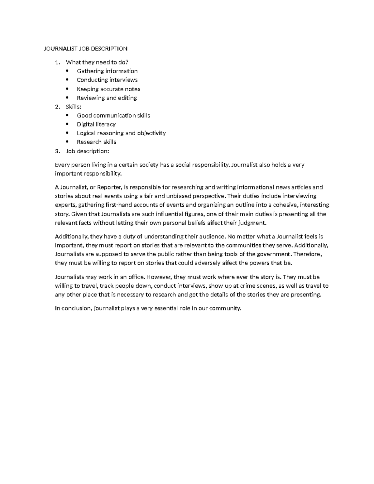 Journalist JOB Description - JOURNALIST JOB DESCRIPTION What they need ...