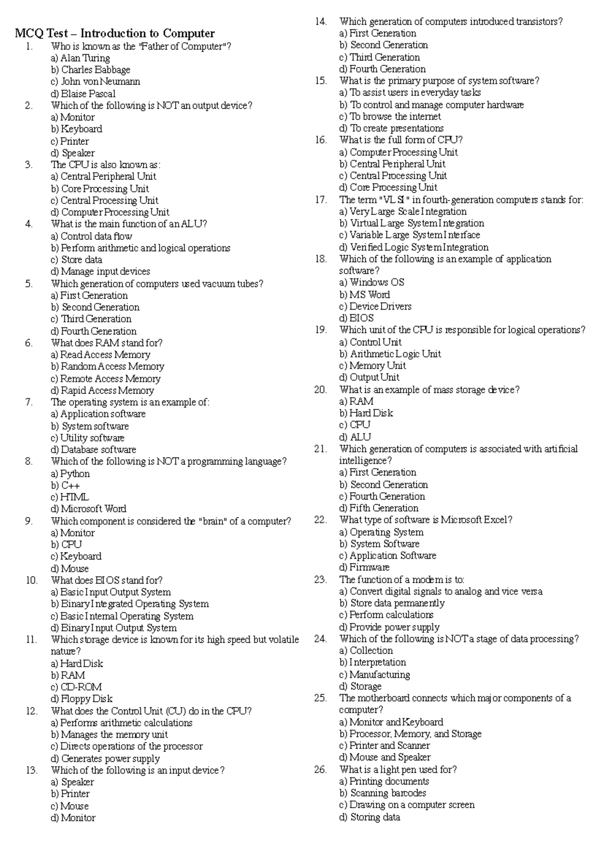 CCC Revision Test Unit 1 - MCQ Test – Introduction to Computer Who is ...
