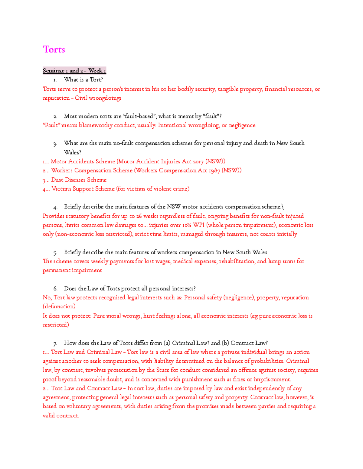 Torts Seminar 1 & 2 Week 1: Understanding Tort Law and Liability - Studocu