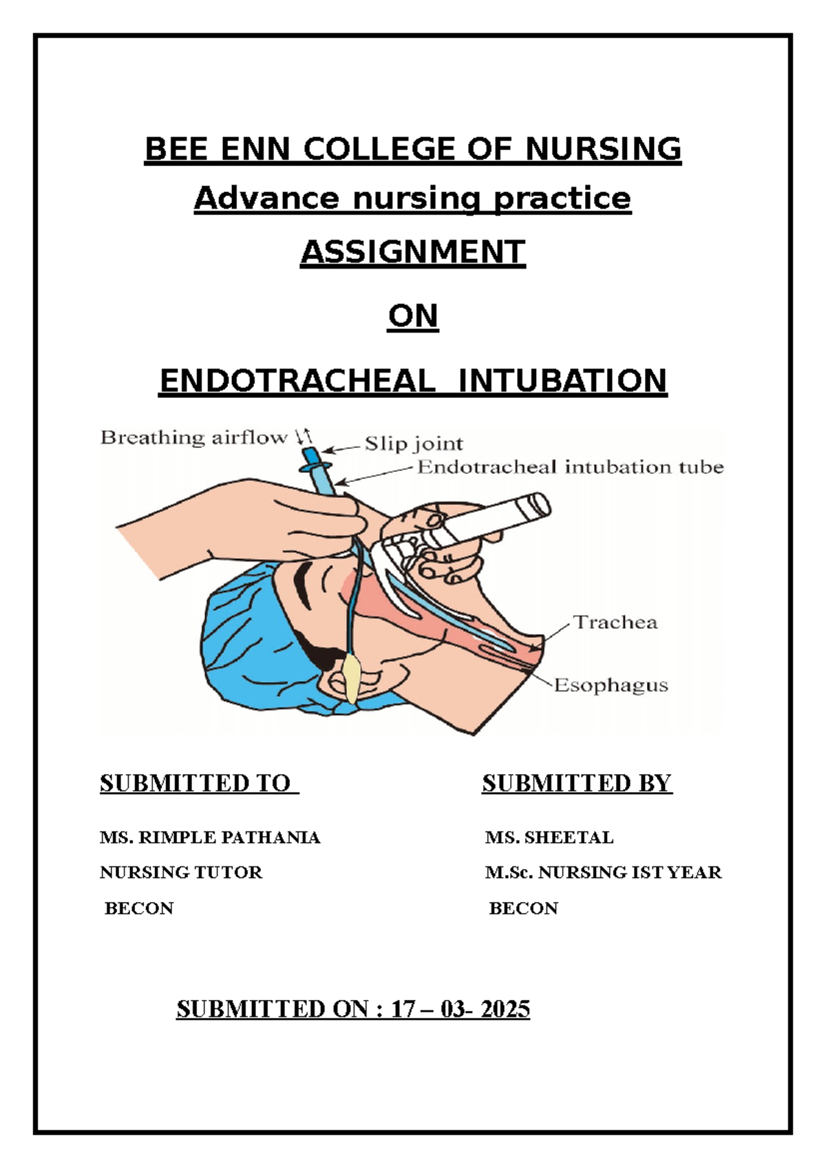 BECON M.Sc. Nursing 1st Year Assignment on Endotracheal Intubation ...