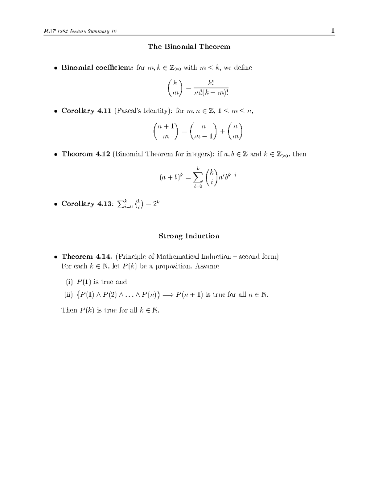 MAT 1362 Lecture Summary 10: The Binomial Theorem & Induction - Studocu