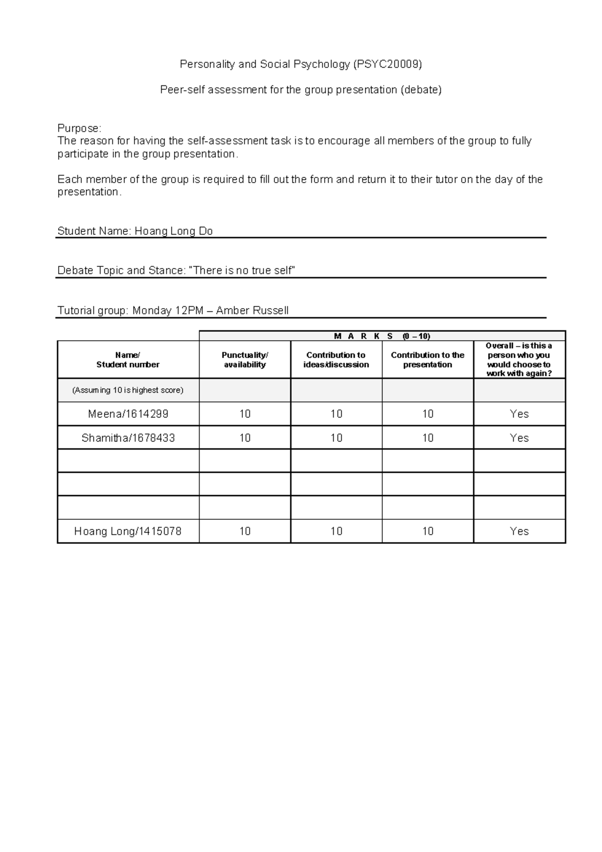 PSY 202: Peer Assessment Form for Group Presentation Debate - Studocu
