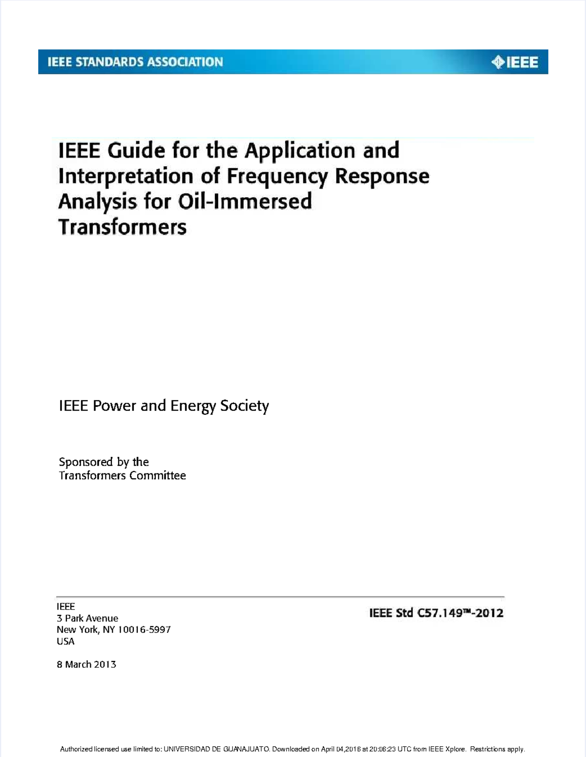 IEEE Std C57.149™ Guide: Frequency Response Analysis for Oil-Immersed Transformers - Document Preview