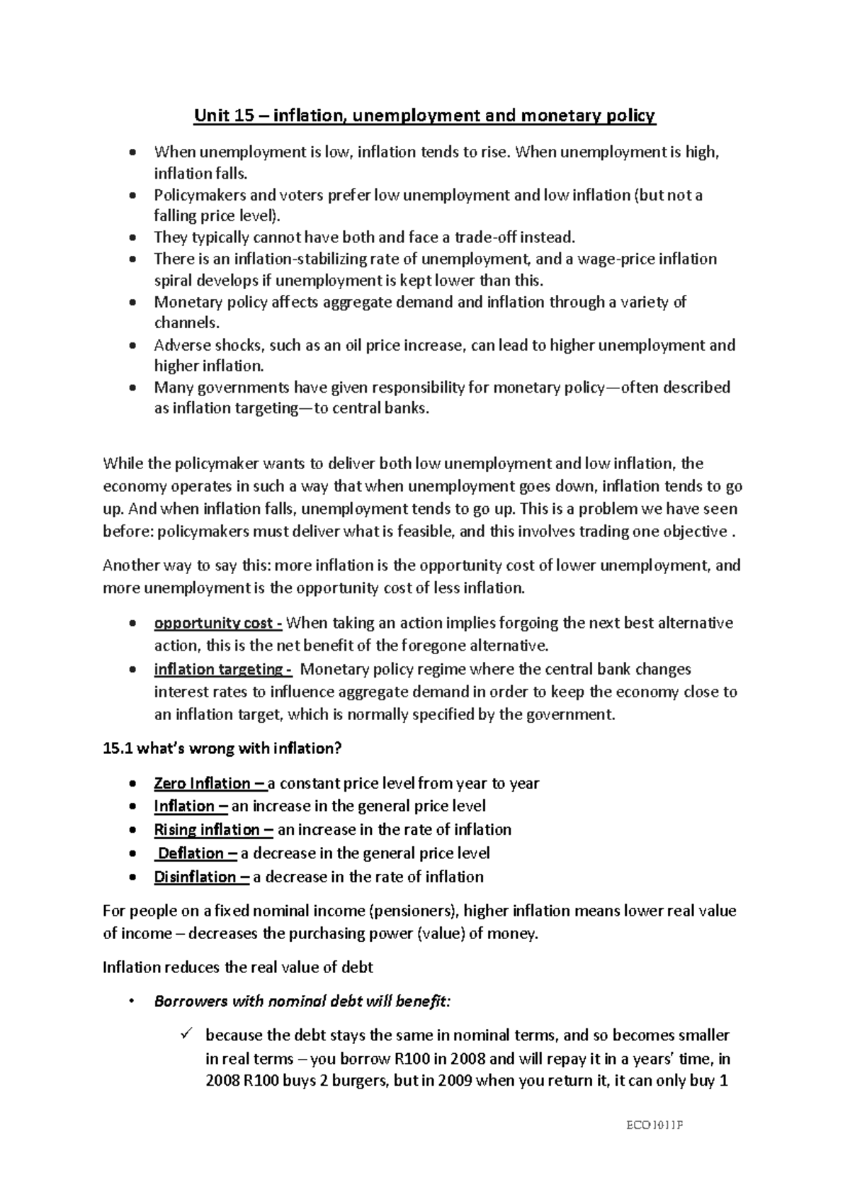 Unit 15 Lecture Notes: Inflation, Unemployment, and Monetary Policy ...