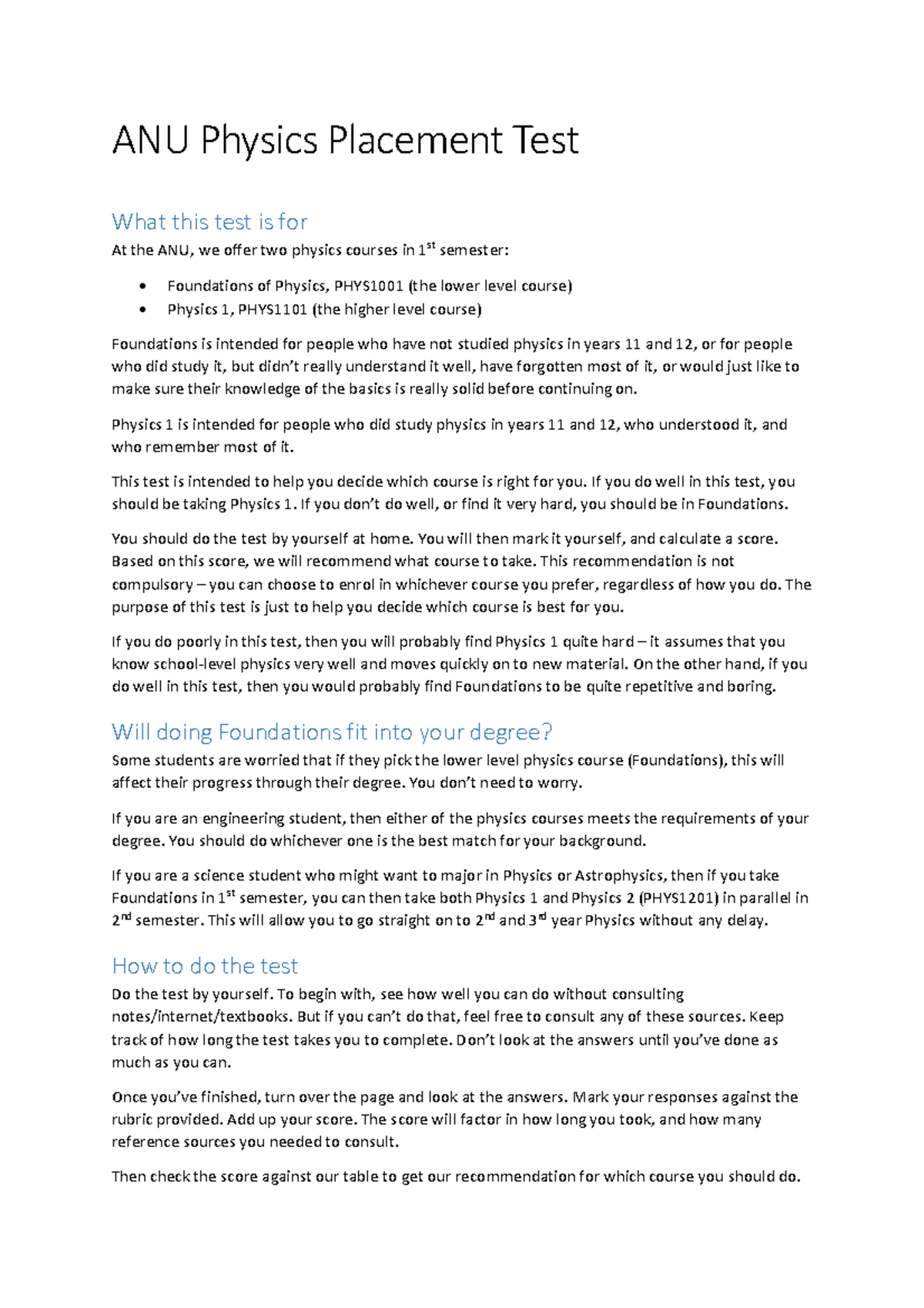 ANU Physics Placement Test Guide for PHYS1001 and PHYS1101 - Studocu