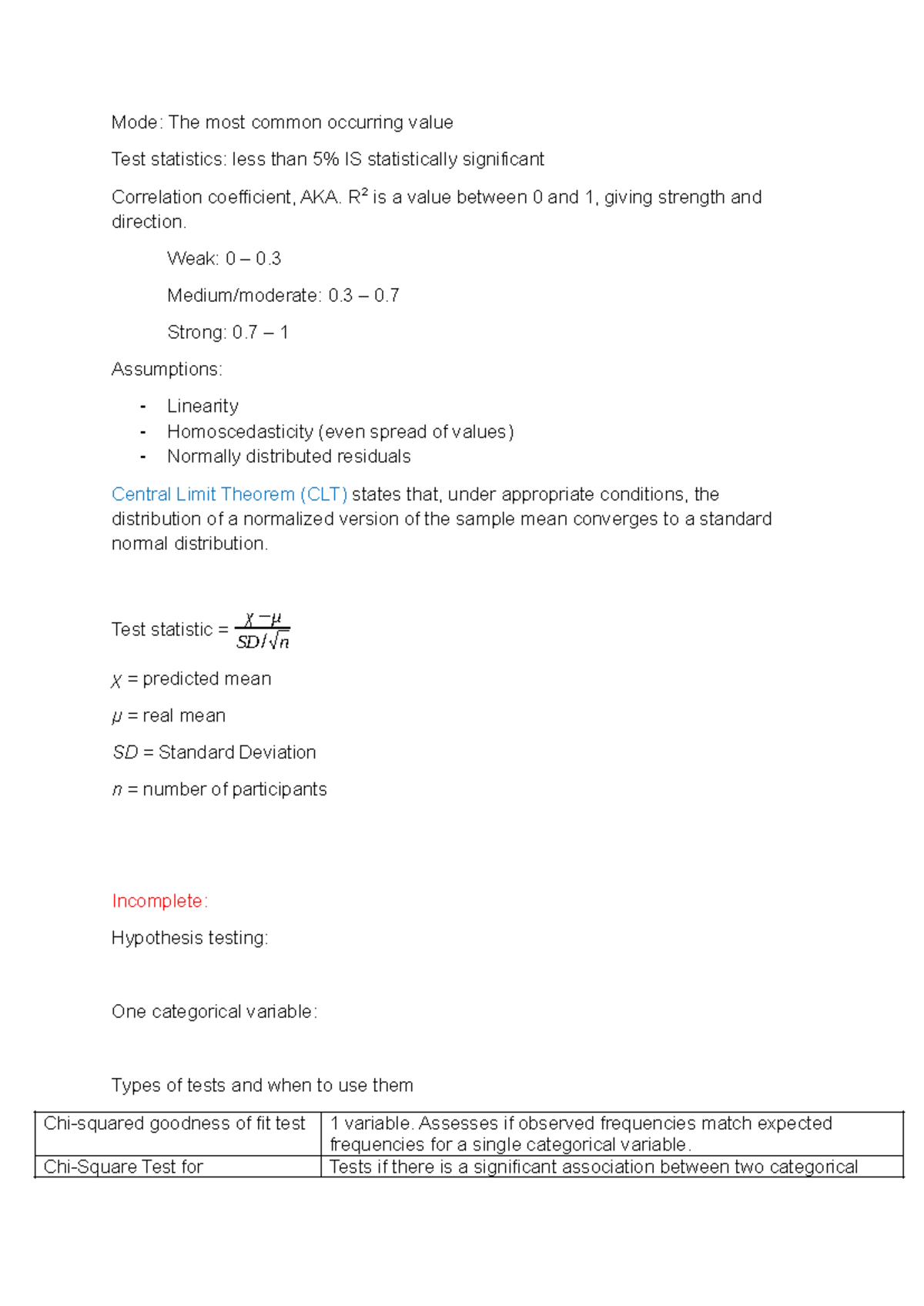 STAT1250 Final Exam cheat sheet - Mode: The most common occurring value ...