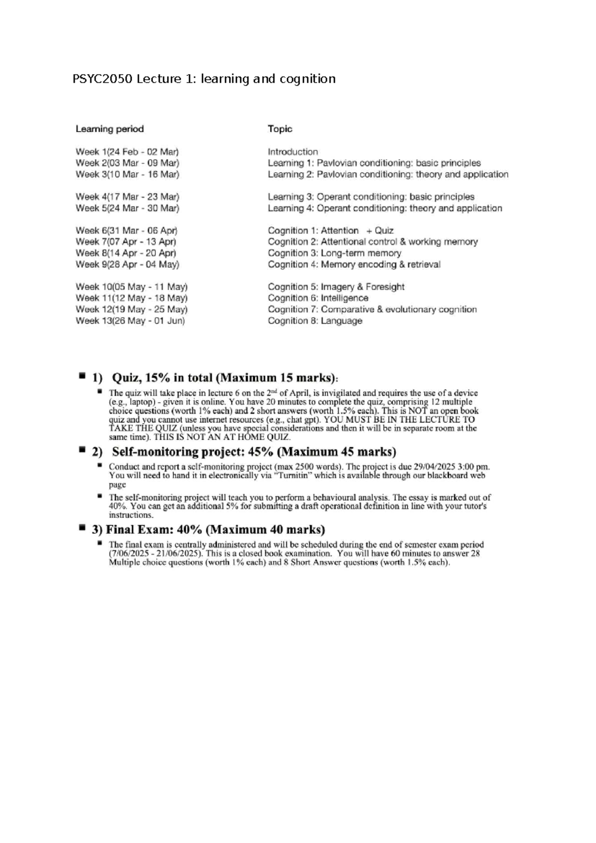 PSYC2050 Lecture 1: Learning and Cognition Overview and Key Concepts ...