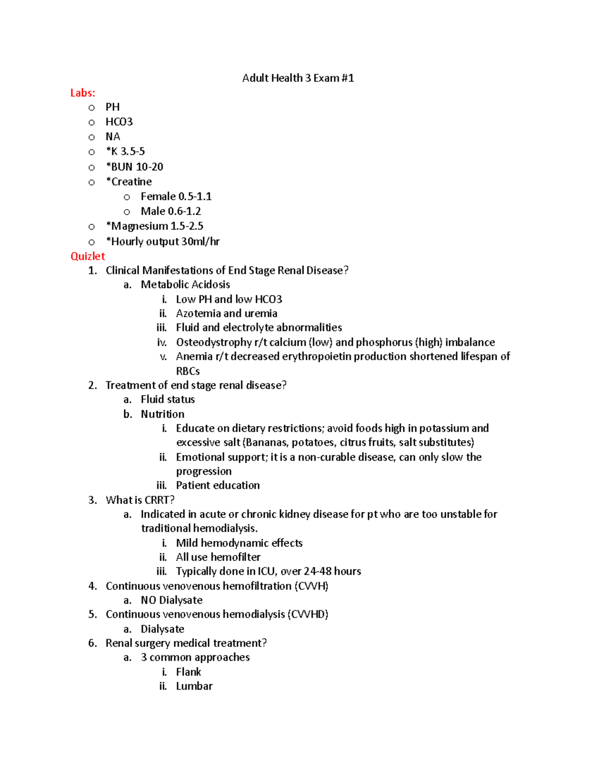 Adult Health 3 Midterm Exam #1 Study Guide and Notes - Studocu