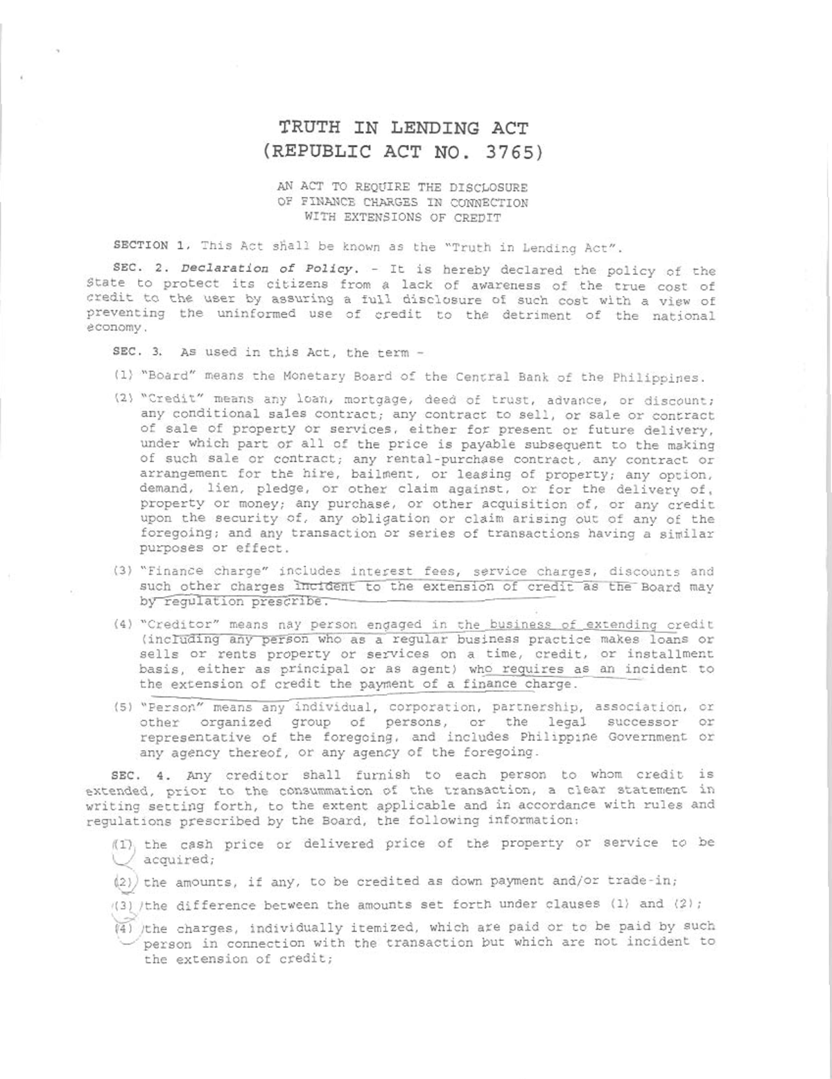 Truth in Lending Act (RA 3765) - Full Disclosure of Credit Costs - Studocu