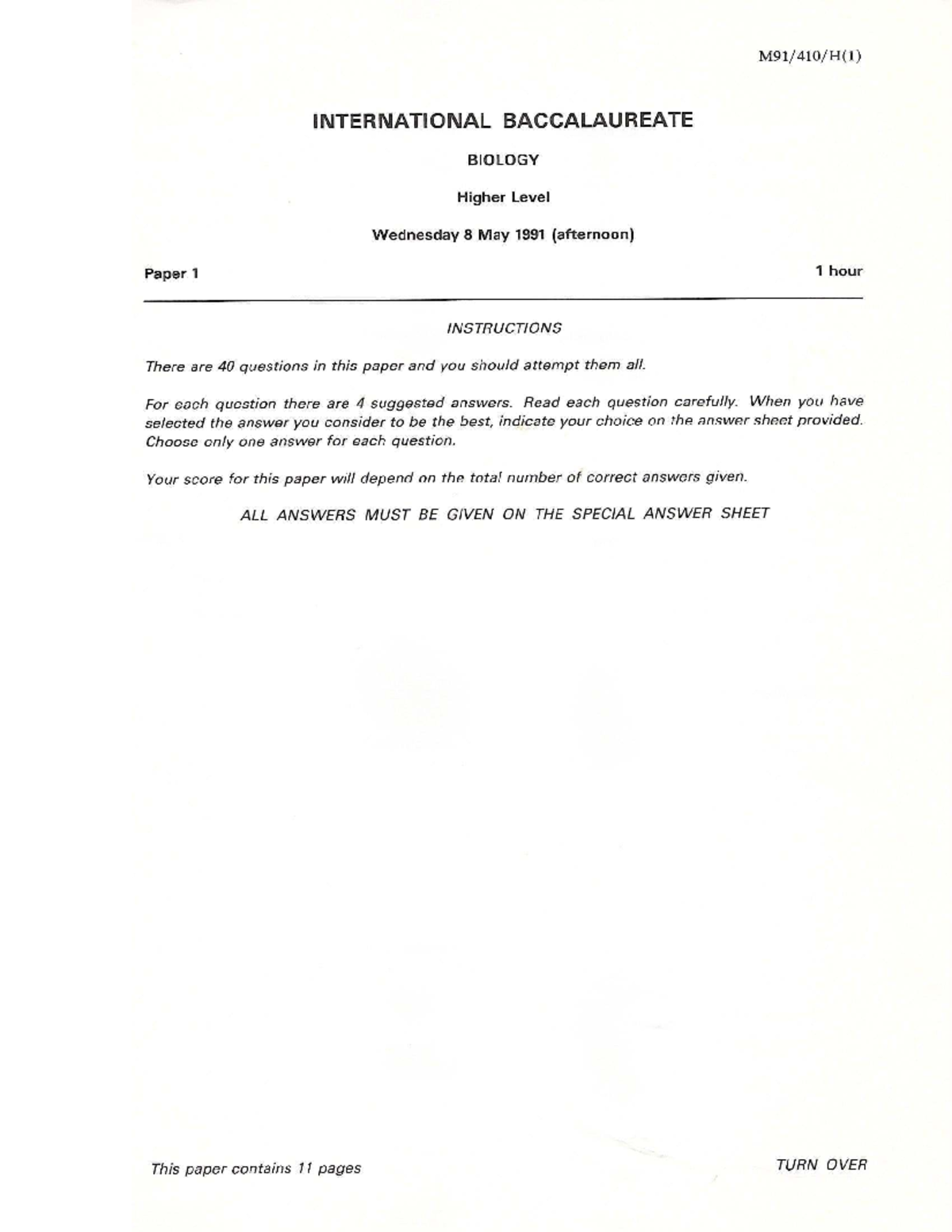 Biology Paper 1 HL - International Baccalaureate Exam May 1991 - Studocu