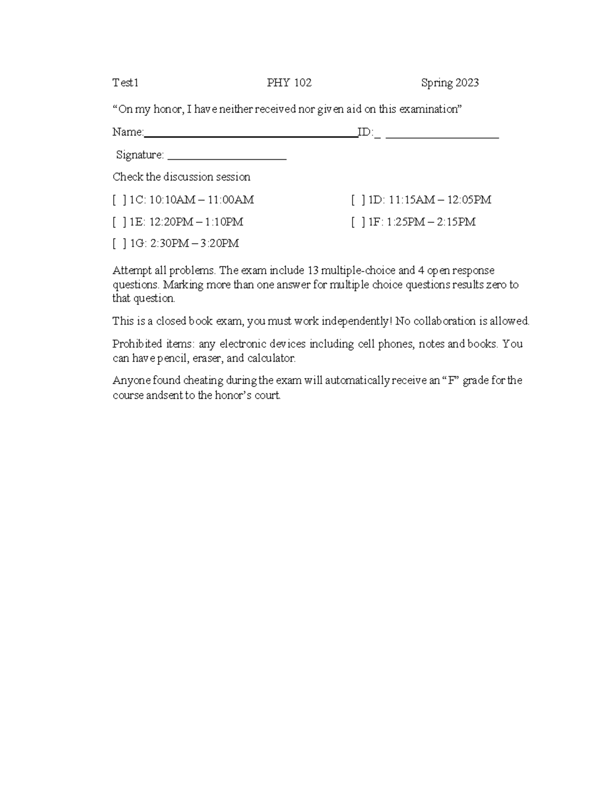 Test 1 PHY 102 Spring 2023 - Sample Exam Questions and Guidelines - Studocu