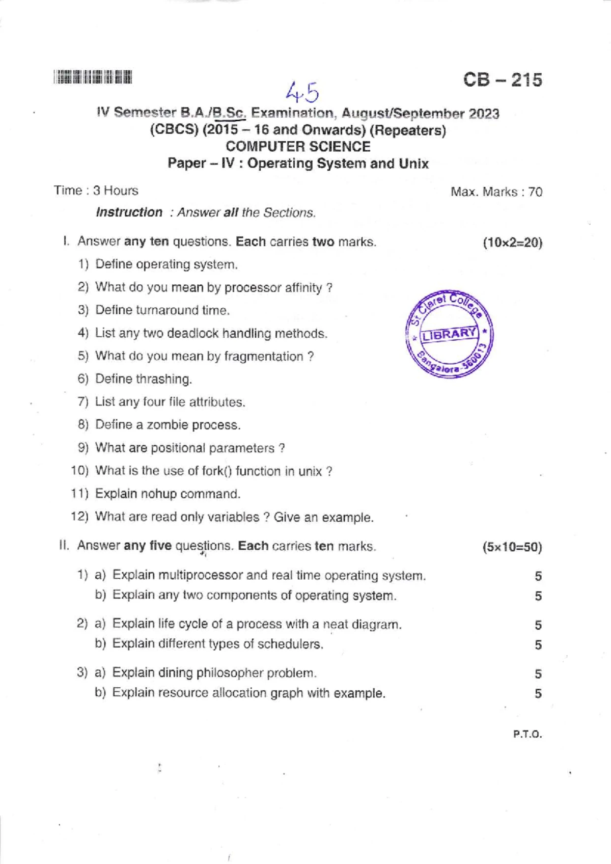 B. Sc IV SEMESTER OPERATING SYSTEMS Mid Term QP - St. Claret College ...
