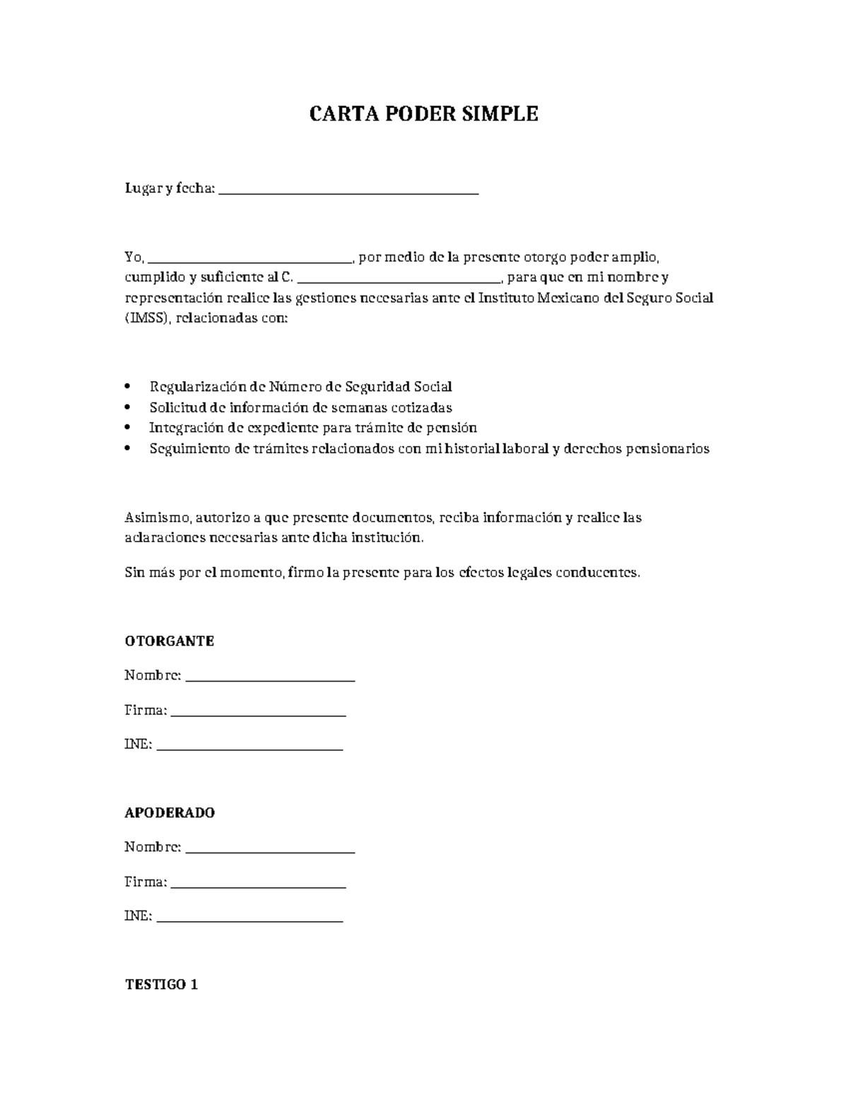 Carta Poder Simple para Trámites IMSS - 1 - Studocu