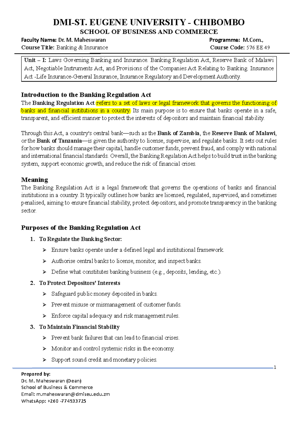 Unit I: Laws Governing Banking & Insurance - M.Com 576 EE 49 - Studocu