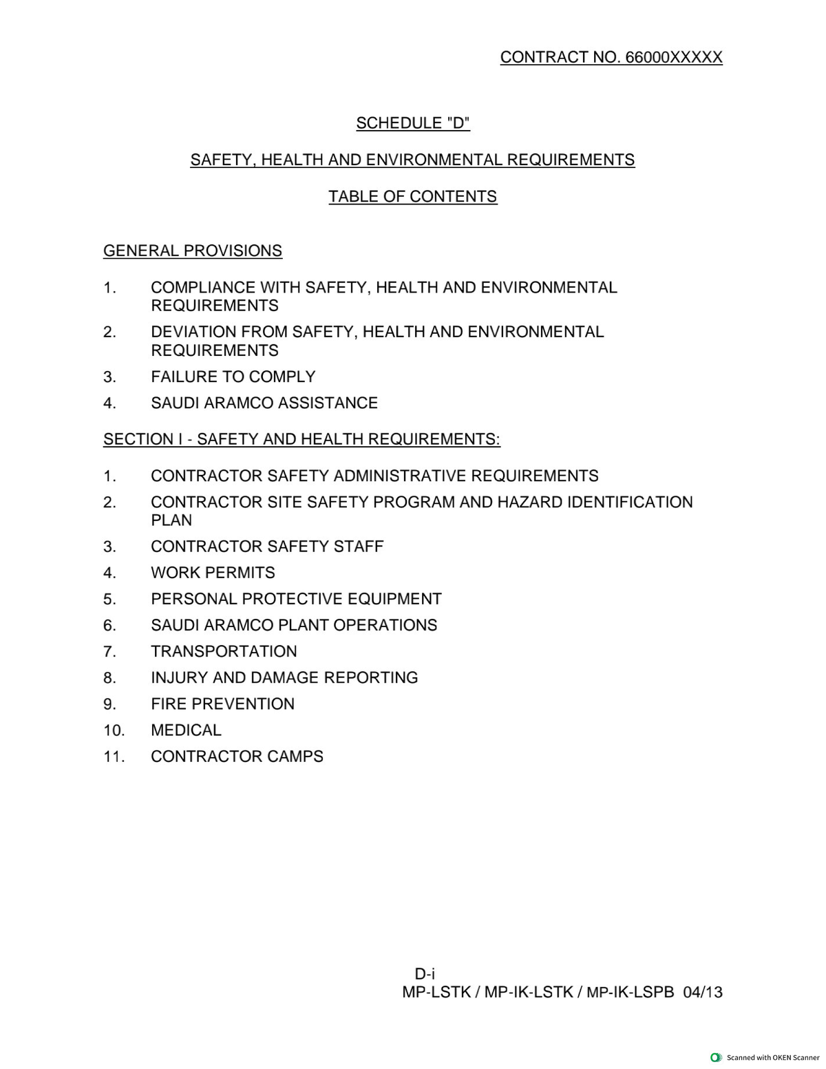 Schedule D - Safety, Health & Environmental Requirements (Contract No ...