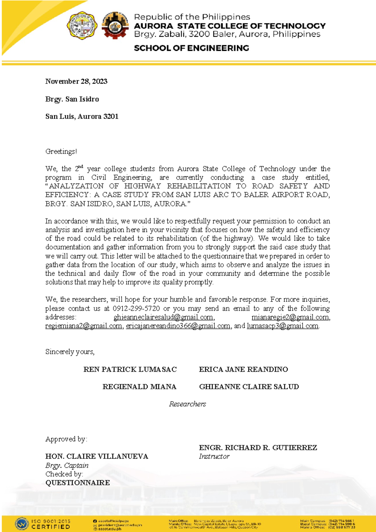 CASE Study Request Letter 1 - November 28, 2023 Brgy. San Isidro San ...