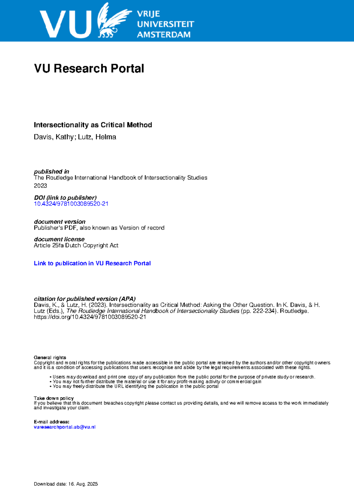 VU Research Portal: Intersectionality as Critical Method Analysis - Studocu