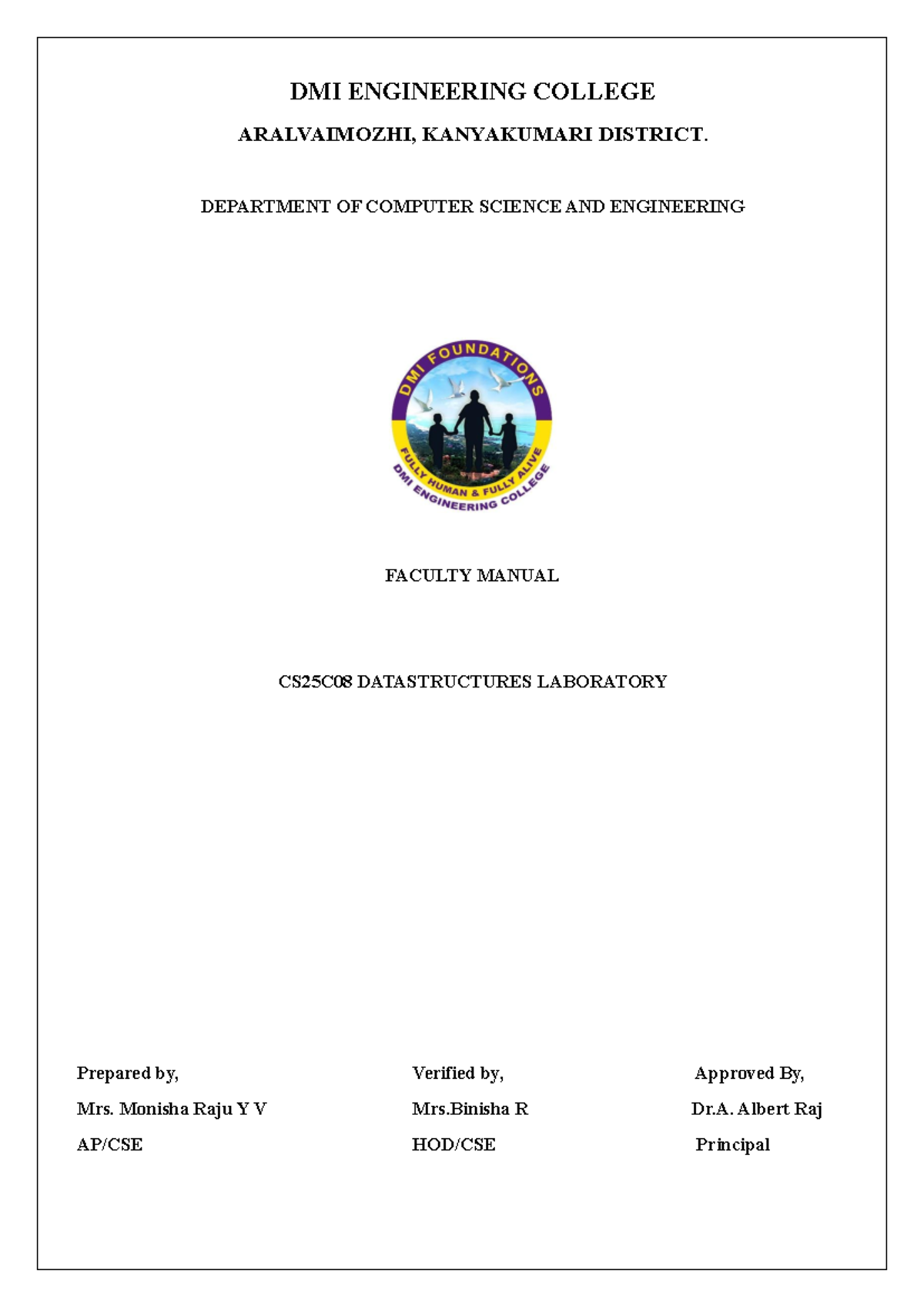 CS25C08 - Data Structures Laboratory Manual: Array & Linked List ...