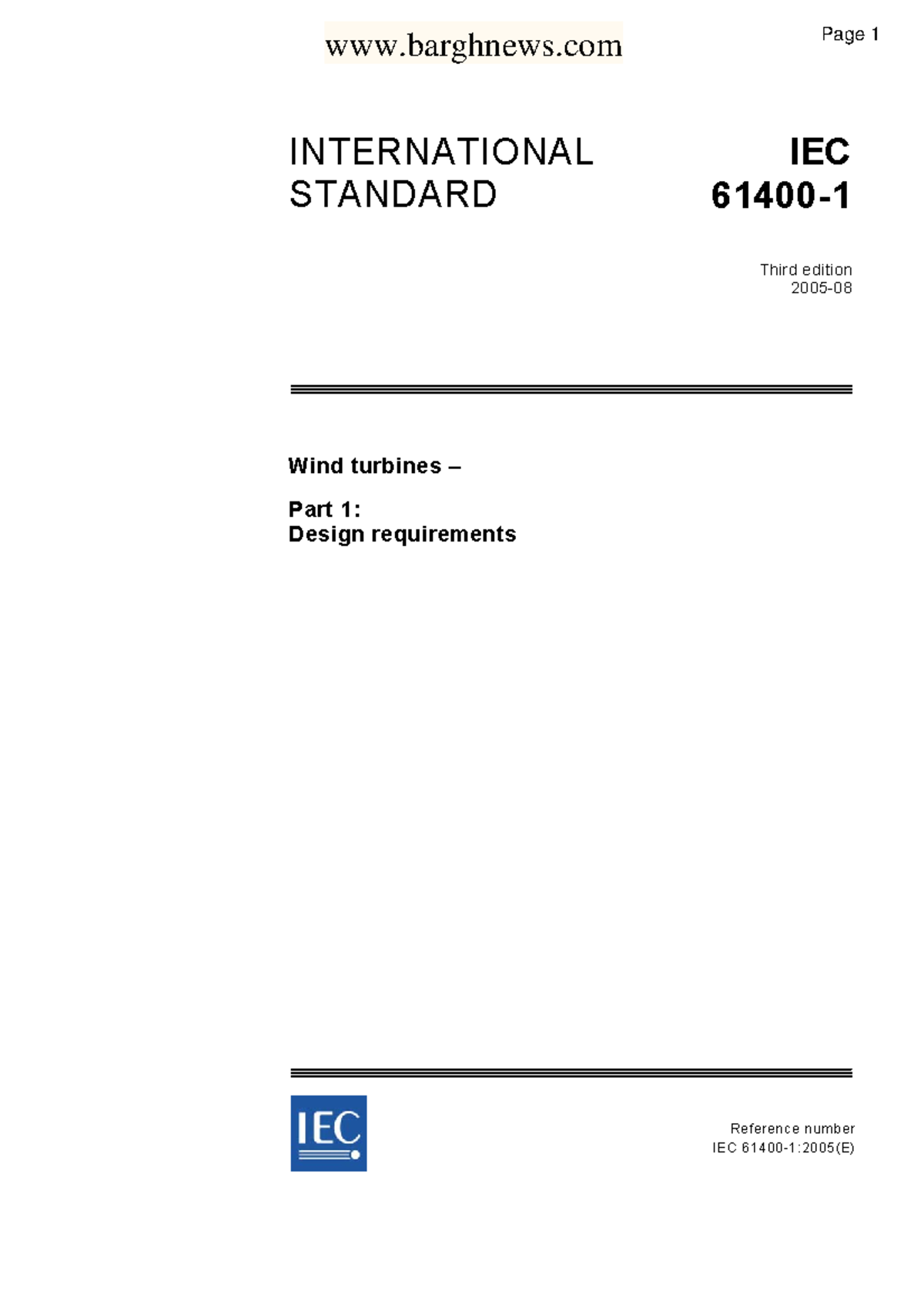 IEC 61400-1:2005 Standard for Wind Turbine Design Requirements - Studocu