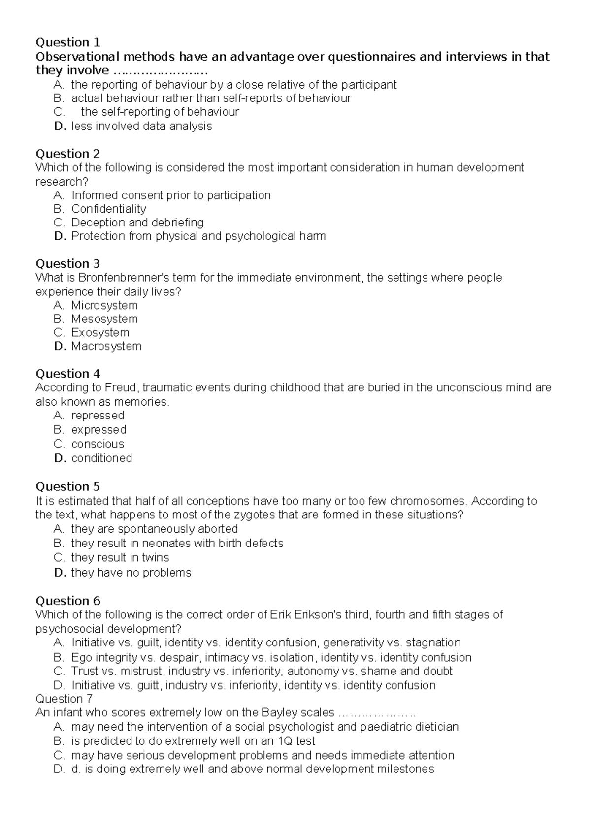 Weekly Quiz Questions for Developmental Psychology (PSY 101) - Studocu