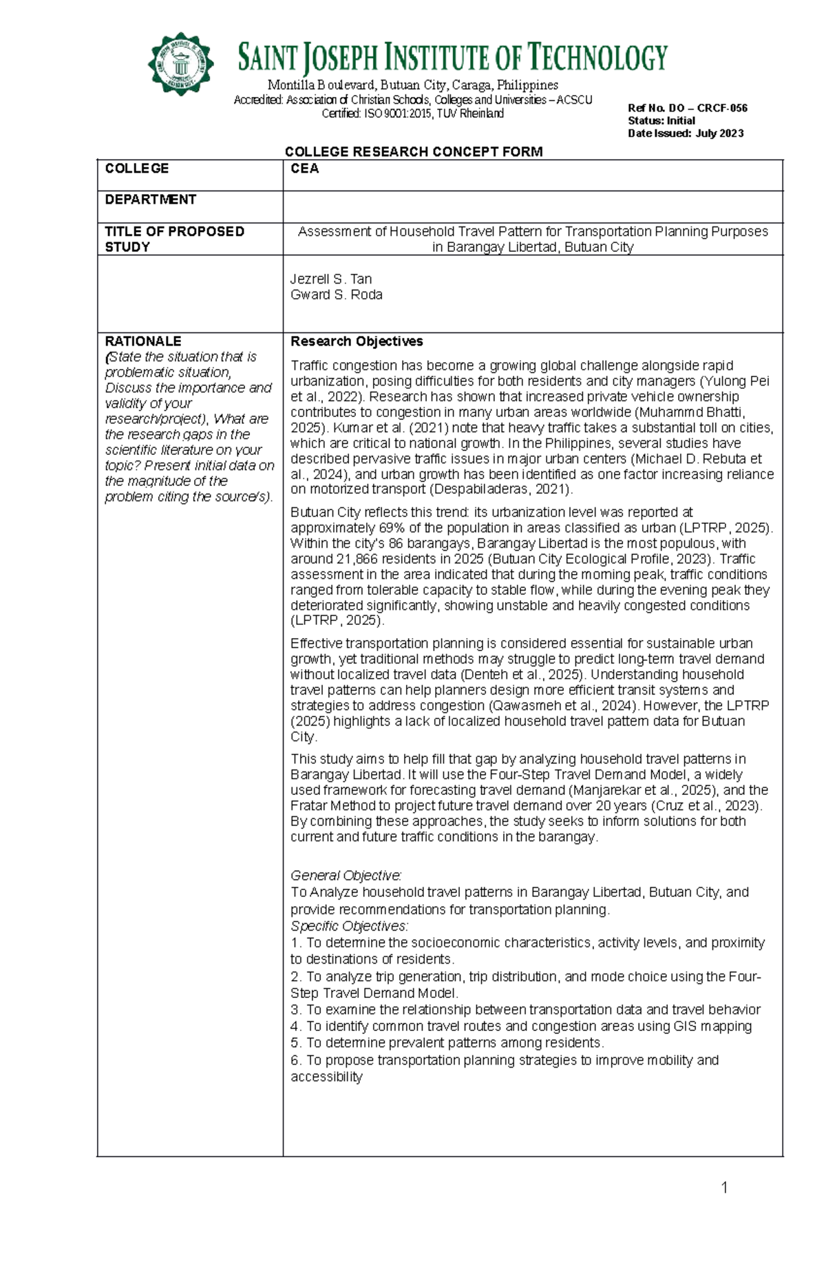 Assessment of Household Travel Patterns in Barangay Libertad (RES1 ...