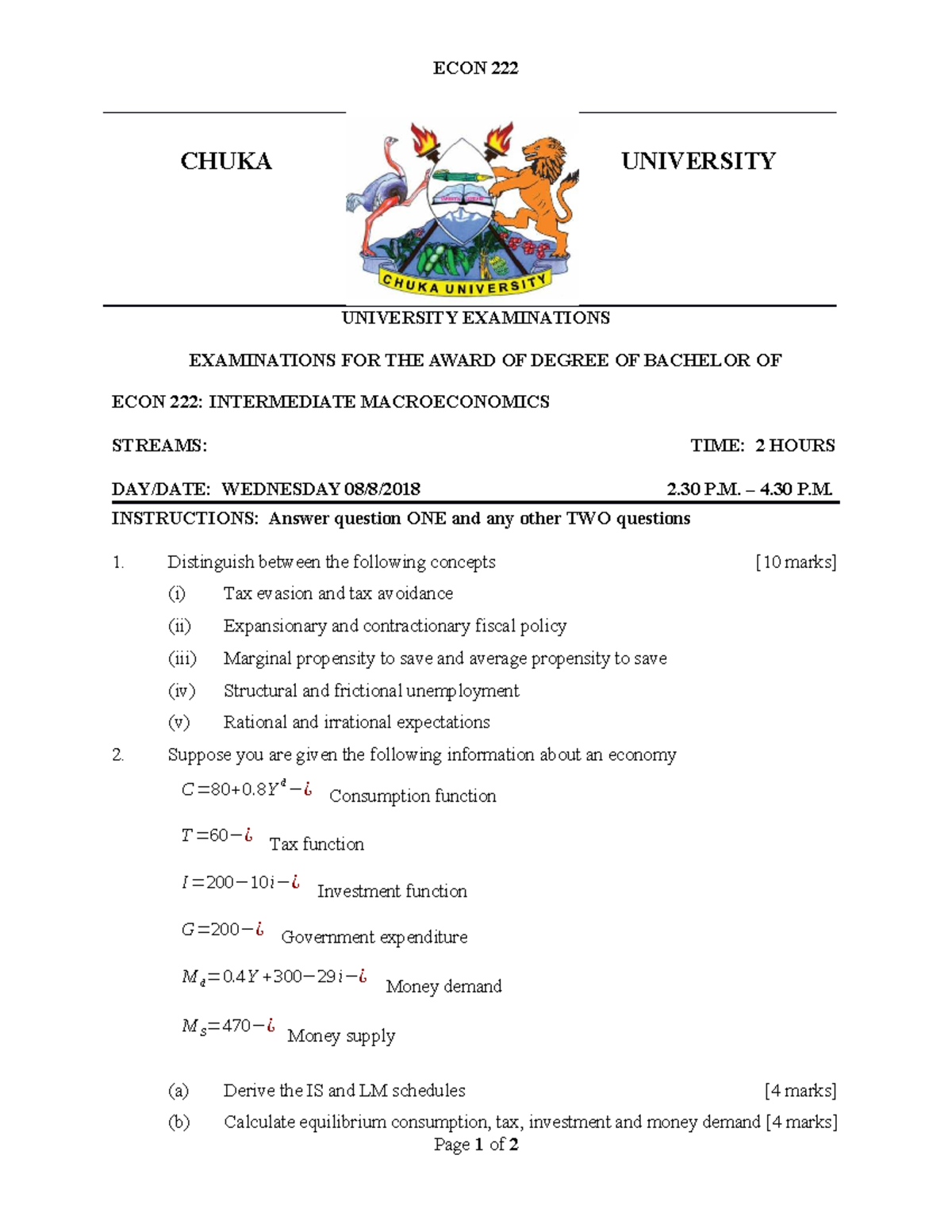ECON 222: Intermediate Macroeconomics Midterm Exam Questions and ...
