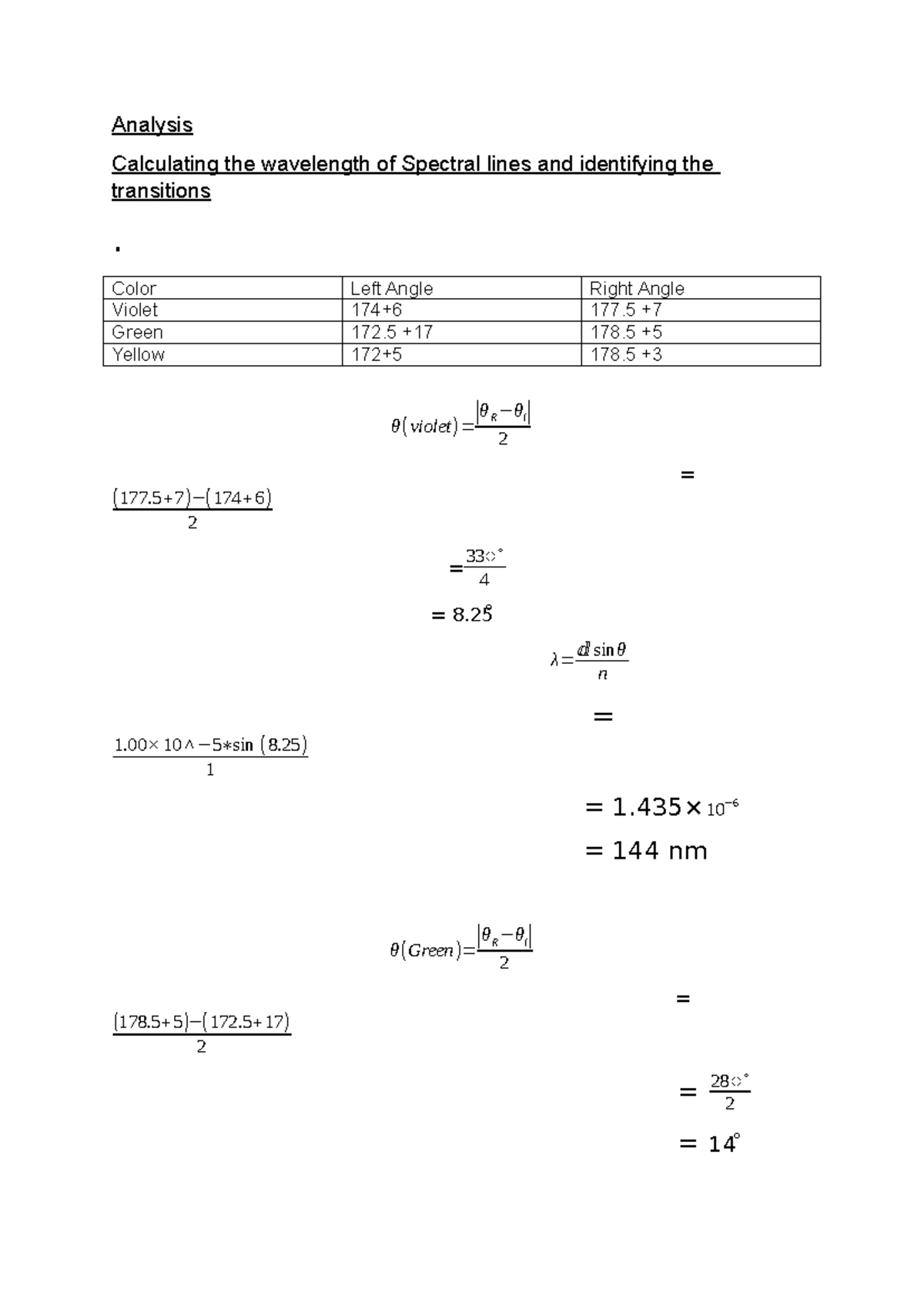 Analysis 4 - practice - Analysis Calculating the wavelength of Spectral ...