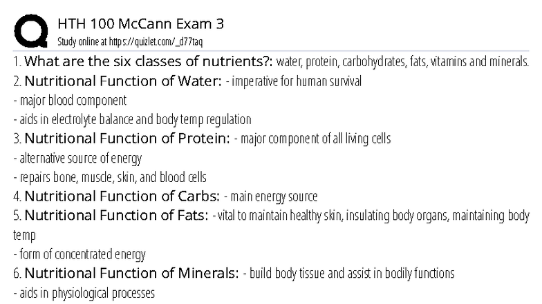 HTH 100 McCann Exam 3 Study Guide: Nutritional & Health Concepts - Studocu