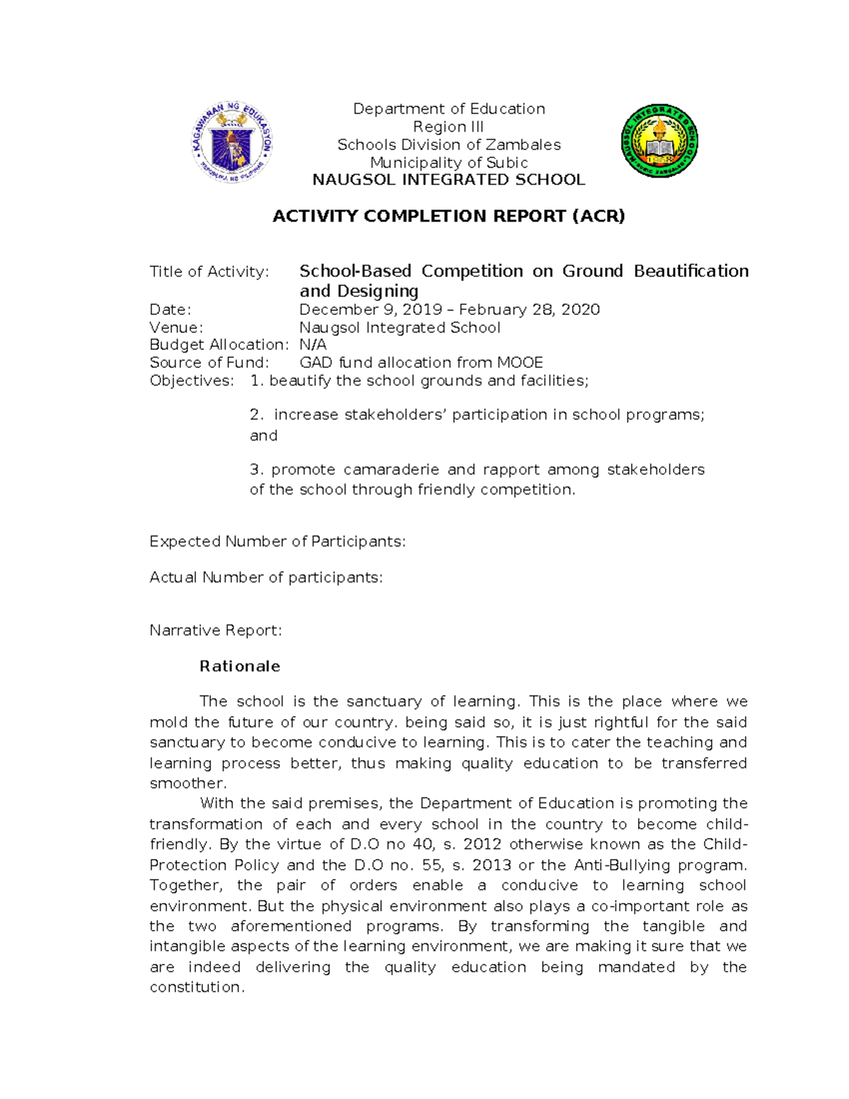 ACR School-Based Competition: Ground Beautification Report - Studocu