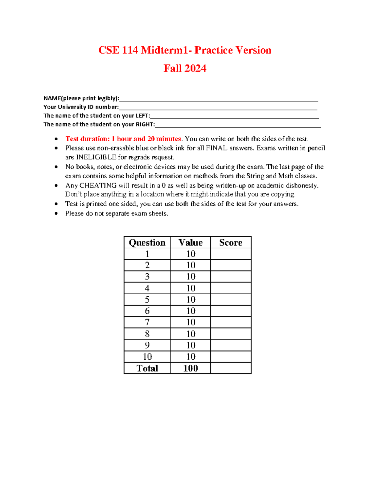 CSE114 Midterm 1 Practice Questions and Guidelines - Fall 2024 - Studocu