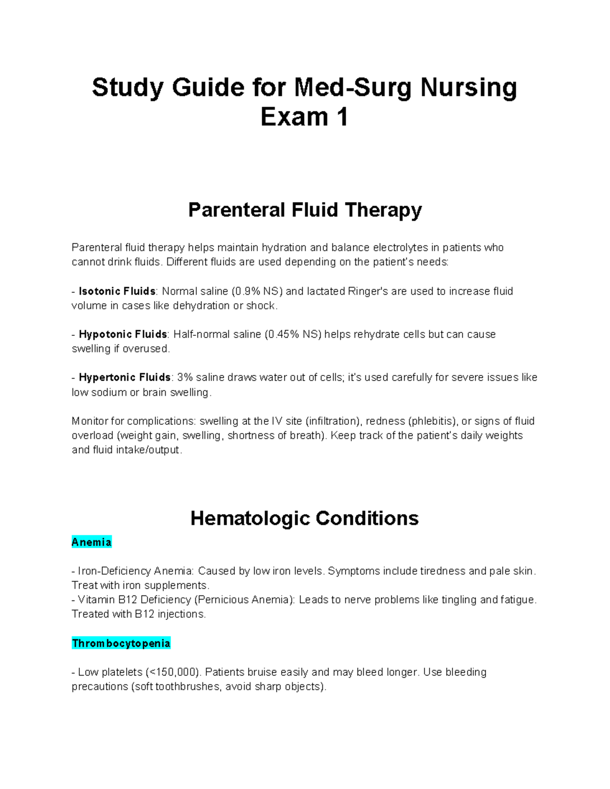NURS 313R Exam 1 Study Guide: Parenteral Fluid Therapy & Conditions -  Studocu