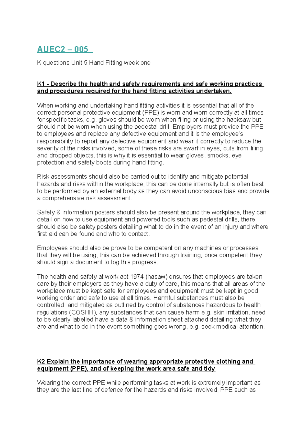 AUEC2 – 005 Week 1: K Questions on Health & Safety in Hand Fitting ...