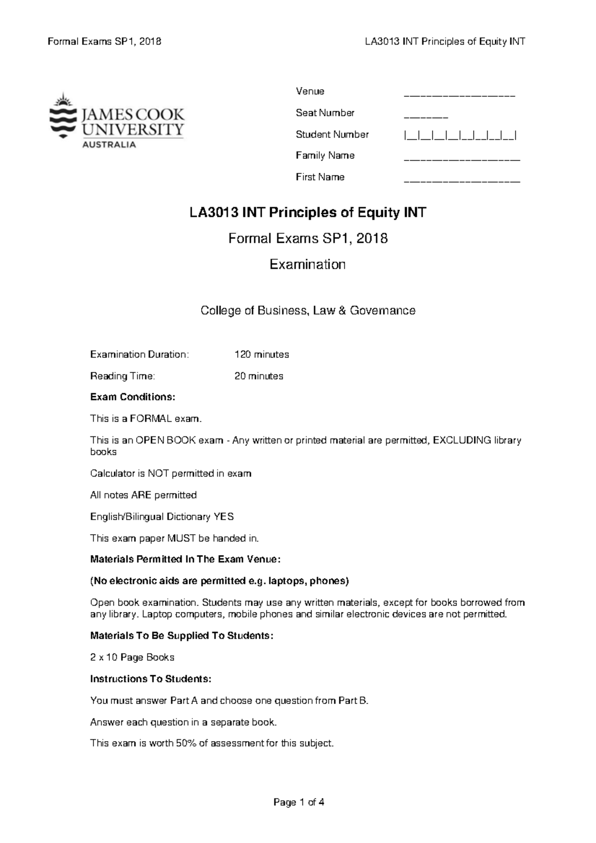 Formal Exams SP1 2018 LA3013 INT 497 - LA3013 INT Principles of Equity ...