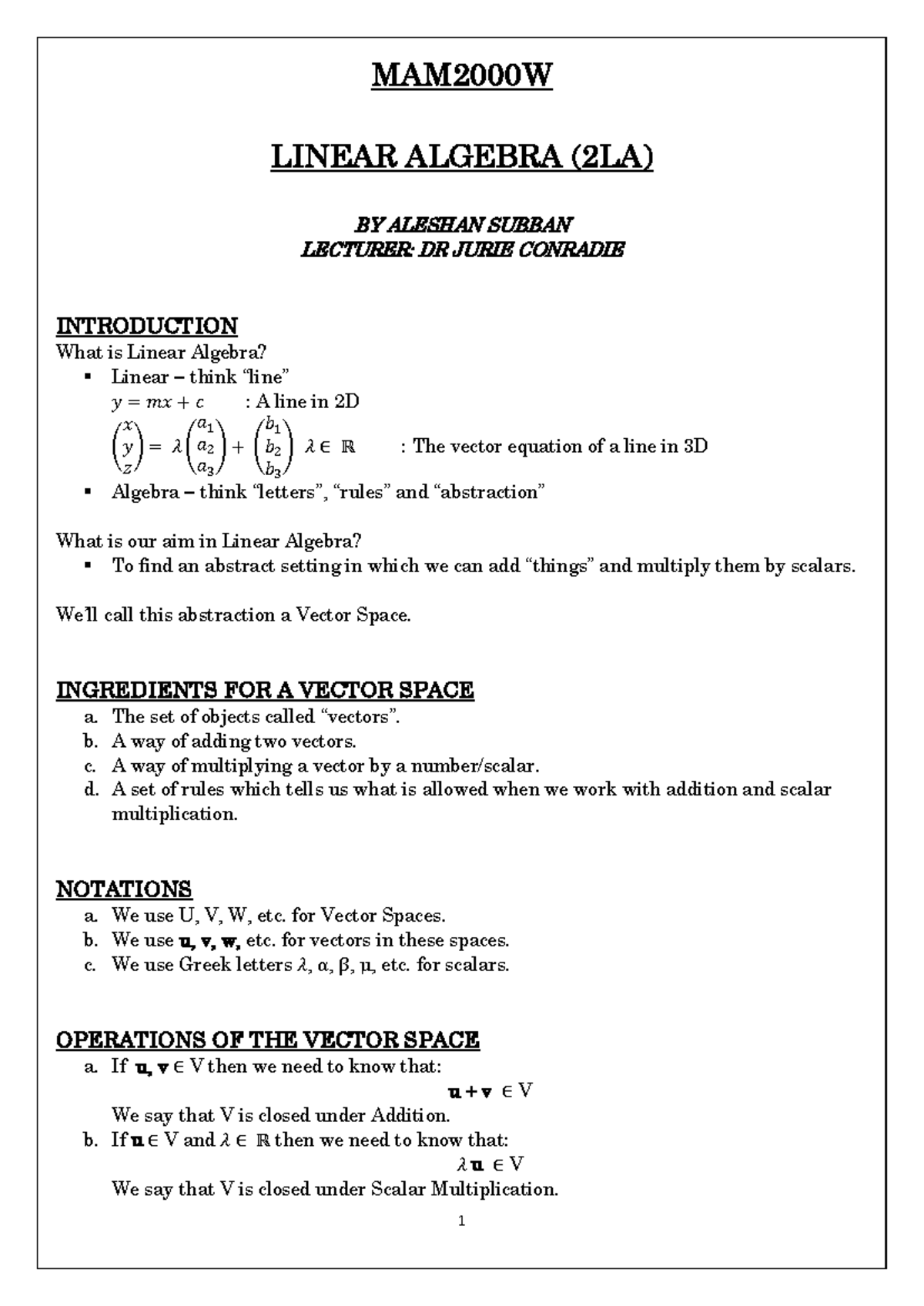 2LA Linear Algebra Summary Notes: Key Concepts and Definitions - Studocu