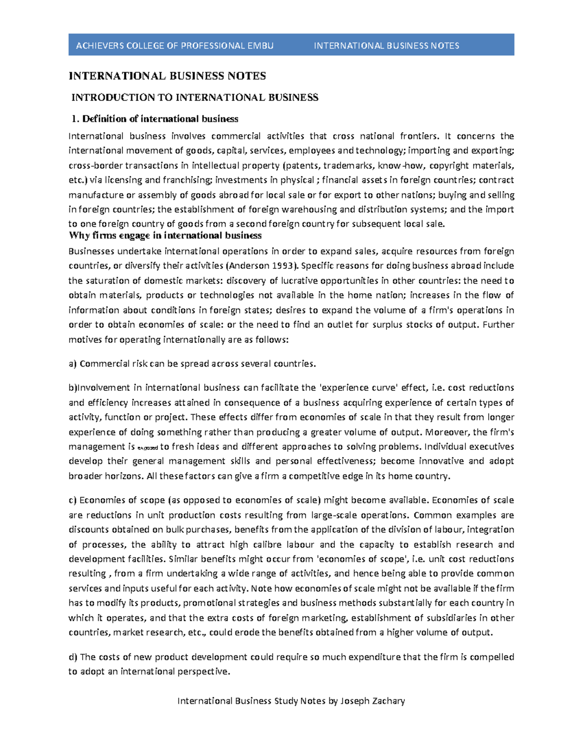 INB 101: Comprehensive International Business Study Notes - Studocu