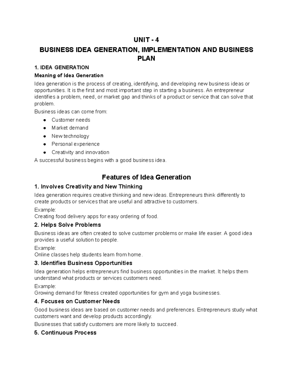 ES UNIT 4: Business Idea Generation & Planning Notes - Studocu