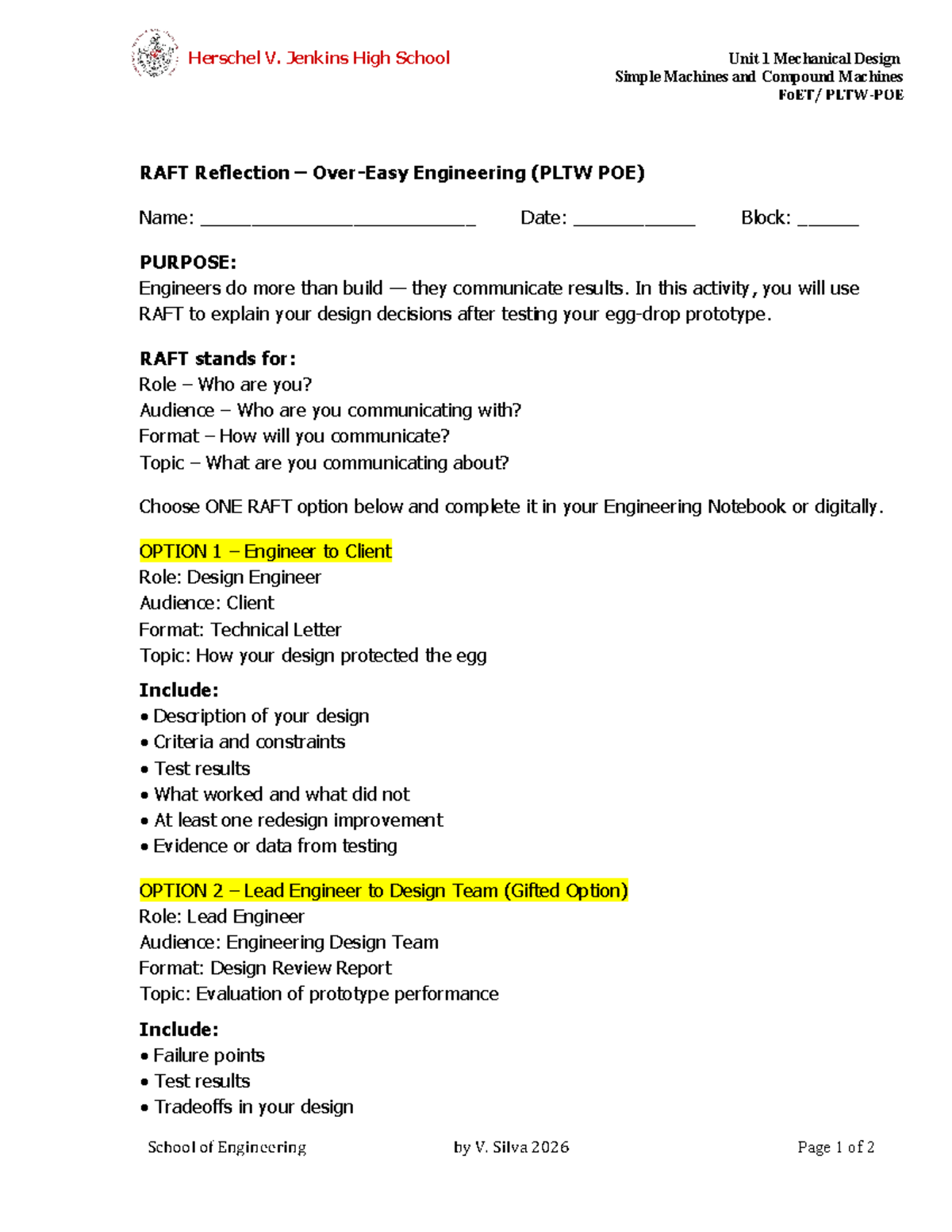 RAFT Reflection on Mechanical Design (PLTW POE) - Studocu