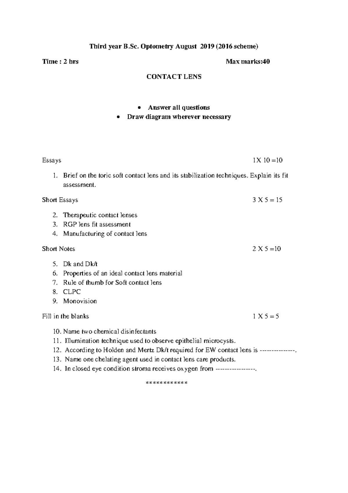 Contact Lens Essay Notes for B.Sc. Optometry - August 2019 Exam - Studocu