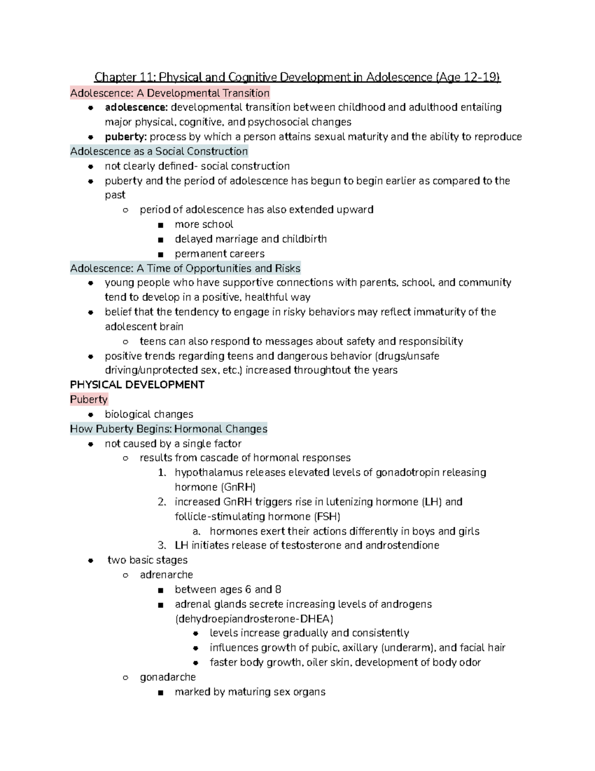 Chapter 11 Notes: Physical & Cognitive Development in Adolescence - Studocu