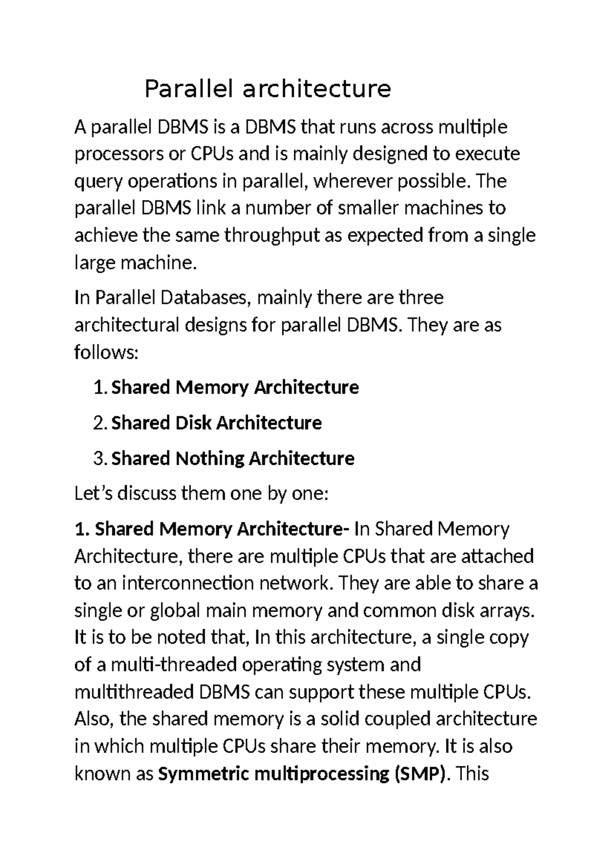 Unit 4 - Parallel Database Management Systems (DBMS) Architecture - Studocu