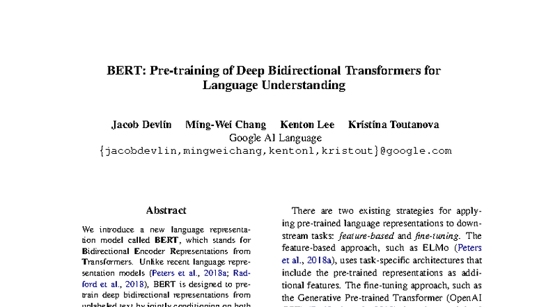 BERT Pretraining: Deep Bidirectional Transformers for NLP Tasks - Studocu