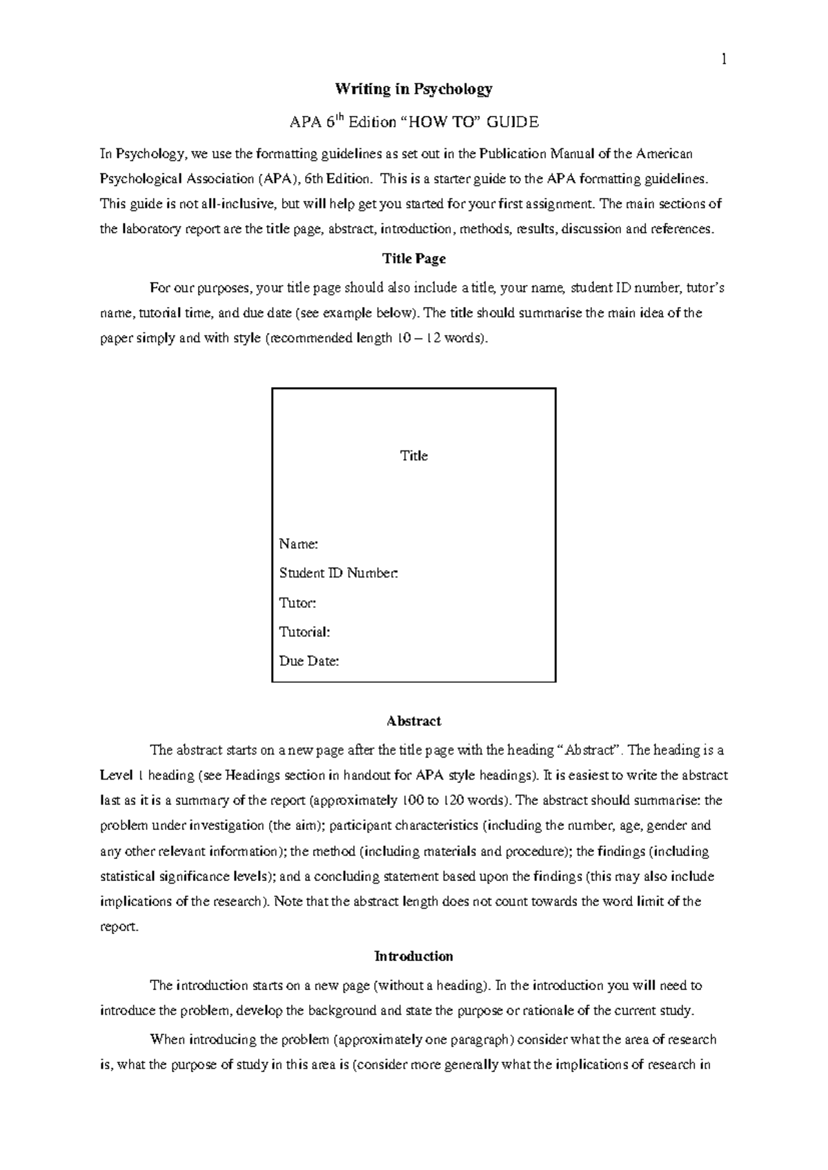 Handout - How to Write a Lab Report - 1 Writing in Psychology APA 6th ...
